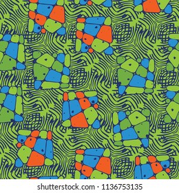 A seamless pattern from the divided into smoothed multi-colored fragments of quadrangles.The picture lies on the background of a texture consisting of abstract elements with a three-sided symmetry.
