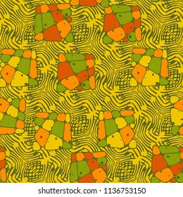 A seamless pattern from the divided into smoothed multi-colored fragments of quadrangles.The picture lies on the background of a texture consisting of abstract elements with a three-sided symmetry.