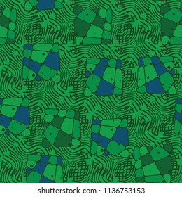A seamless pattern from the divided into smoothed multi-colored fragments of quadrangles.The picture lies on the background of a texture consisting of abstract elements with a three-sided symmetry.