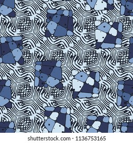 A seamless pattern from the divided into smoothed multi-colored fragments of quadrangles.The picture lies on the background of a texture consisting of abstract elements with a three-sided symmetry.