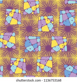 A seamless pattern from the divided into smoothed multi-colored fragments of quadrangles. The picture lies on the background of a texture consisting of square small suns.