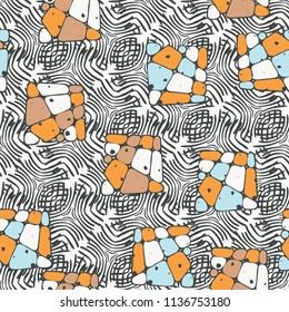 A seamless pattern from the divided into smoothed multi-colored fragments of quadrangles.The picture lies on the background of a texture consisting of abstract elements with a three-sided symmetry.
