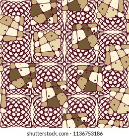 A seamless pattern from the divided into smoothed multi-colored fragments of quadrangles. The picture lies on the background of an openwork network consisting of square shapes.