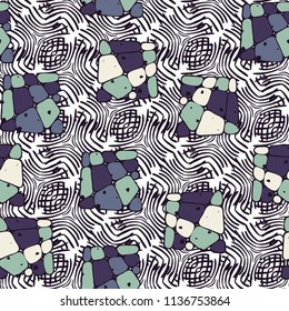 A seamless pattern from the divided into smoothed multi-colored fragments of quadrangles.The picture lies on the background of a texture consisting of abstract elements with a three-sided symmetry.