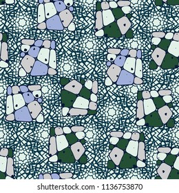 A seamless pattern from the divided into smoothed multi-colored fragments of quadrangles. The painting lies on the background of a texture consisting of overlapping seven-pointed stars.