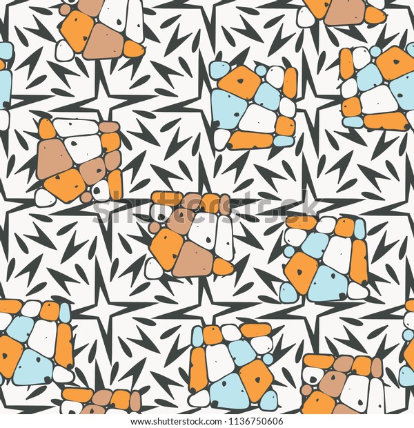 A\
seamless pattern from the divided into smoothed multi-colored\
fragments of quadrangles. The picture lies on the background of a\
texture consisting of exploding four-beam\
stars.