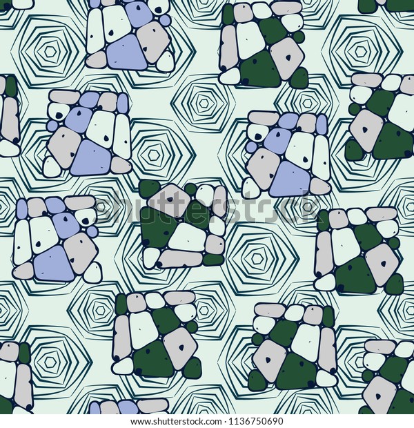 A seamless
pattern from the divided into smoothed multi-colored fragments of
quadrangles. The picture lies on the background of angular tangles
with three-sided symmetry.