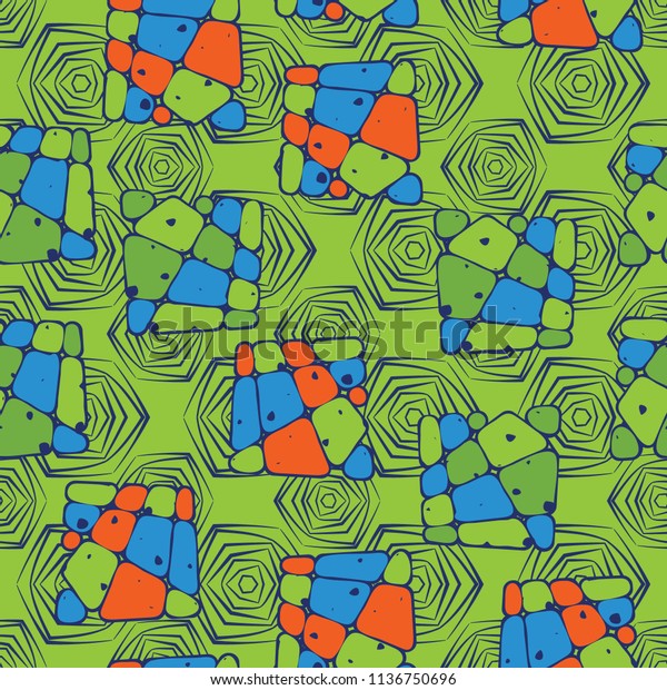 A seamless\
pattern from the divided into smoothed multi-colored fragments of\
quadrangles. The picture lies on the background of angular tangles\
with three-sided symmetry.