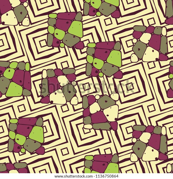 A\
seamless pattern from the divided into smoothed multi-colored\
fragments of quadrangles. The picture lies on the background of a\
texture consisting of inclined concentric\
squares.