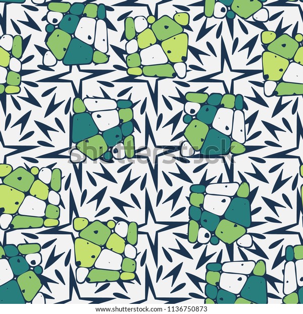 A\
seamless pattern from the divided into smoothed multi-colored\
fragments of quadrangles. The picture lies on the background of a\
texture consisting of exploding four-beam\
stars.