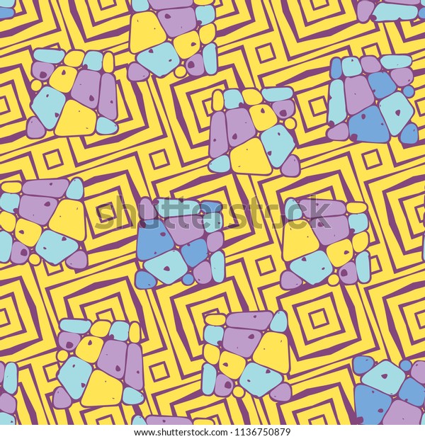 A
seamless pattern from the divided into smoothed multi-colored
fragments of quadrangles. The picture lies on the background of a
texture consisting of inclined concentric
squares.