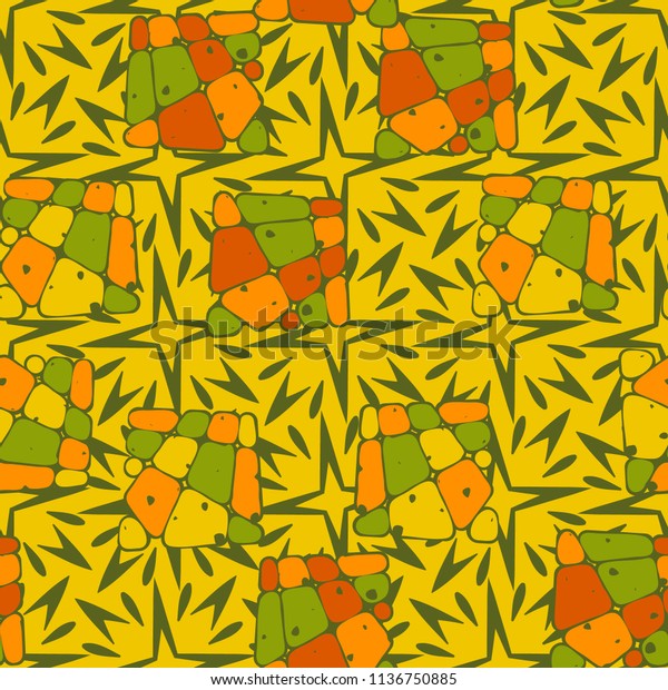 A
seamless pattern from the divided into smoothed multi-colored
fragments of quadrangles. The picture lies on the background of a
texture consisting of exploding four-beam
stars.