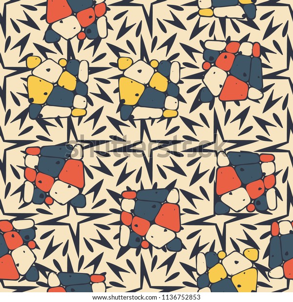 A
seamless pattern from the divided into smoothed multi-colored
fragments of quadrangles. The picture lies on the background of a
texture consisting of exploding four-beam
stars.