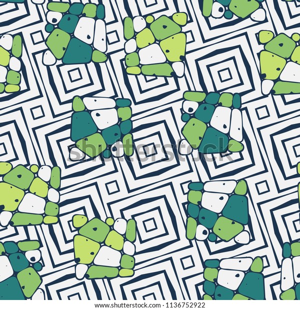 A\
seamless pattern from the divided into smoothed multi-colored\
fragments of quadrangles. The picture lies on the background of a\
texture consisting of inclined concentric\
squares.