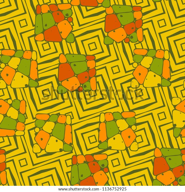 A
seamless pattern from the divided into smoothed multi-colored
fragments of quadrangles. The picture lies on the background of a
texture consisting of inclined concentric
squares.