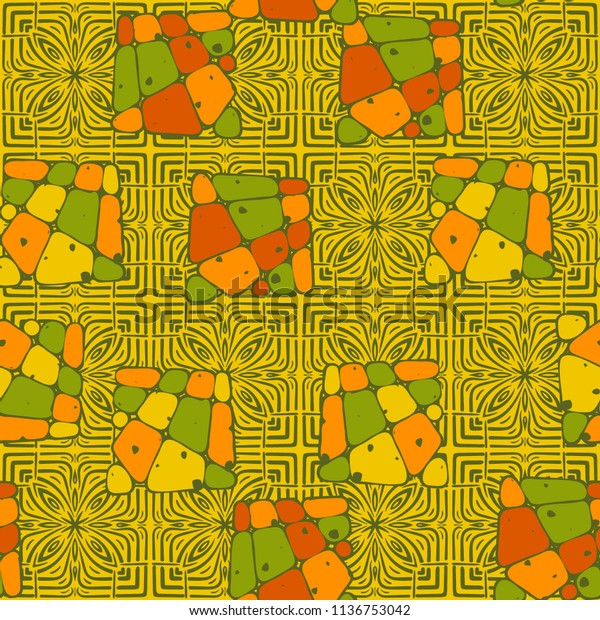 A\
seamless pattern from the divided into smoothed multi-colored\
fragments of quadrangles. The picture lies on the background of an\
elegant texture consisting of flowers and\
squares.