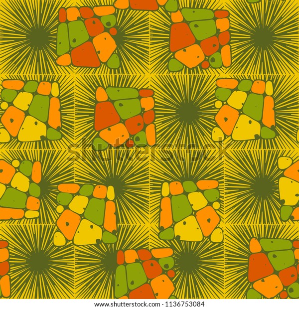 A seamless\
pattern from the divided into smoothed multi-colored fragments of\
quadrangles. The picture lies on the background of a texture\
consisting of square small\
suns.