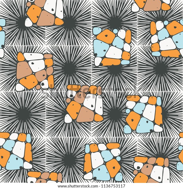A seamless\
pattern from the divided into smoothed multi-colored fragments of\
quadrangles. The picture lies on the background of a texture\
consisting of square small\
suns.