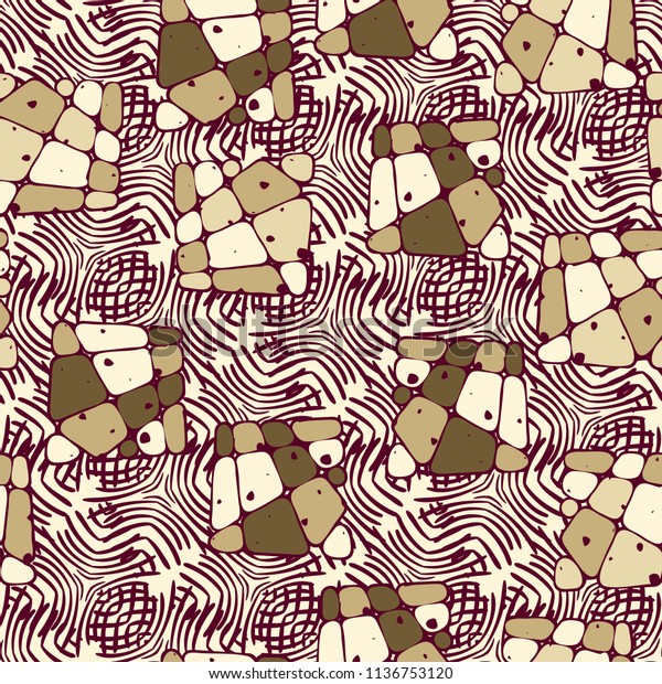 A seamless pattern from the divided into
smoothed multi-colored fragments of quadrangles.The picture lies on
the background of a texture consisting of abstract elements with a
three-sided symmetry.