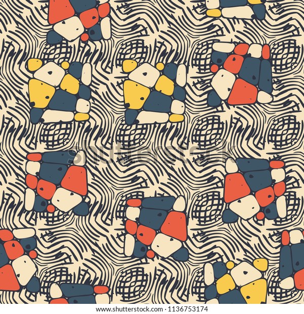 A seamless pattern from the divided into\
smoothed multi-colored fragments of quadrangles.The picture lies on\
the background of a texture consisting of abstract elements with a\
three-sided symmetry.