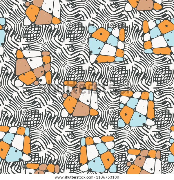 A seamless pattern from the divided into\
smoothed multi-colored fragments of quadrangles.The picture lies on\
the background of a texture consisting of abstract elements with a\
three-sided symmetry.