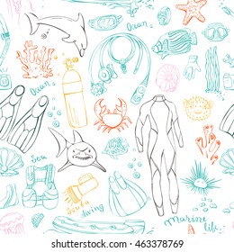 Seamless pattern with diving doodles in green, yellow, orange and dark gray colors.