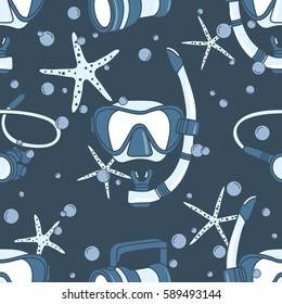 Seamless pattern with diving equipment and sea stars, hand drawn icons. Colorful backdrop with objects. Decorative wallpaper, good for printing