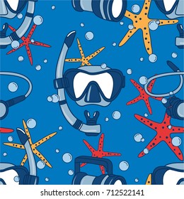 Seamless pattern with diving equipment and sea stars, hand drawn. Colorful overlapping backdrop with scuba mask and flashlight. Decorative wallpaper, good for printing. Design background vector