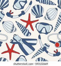 Seamless pattern with diving equipment, seashells and sea stars, hand drawn icons. Colorful backdrop with marine objects. Decorative wallpaper, good for printing