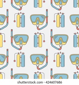 Seamless pattern, diving mask, half mask, scuba mask, snorkel, snorkeling, diving cylinders, scuba set, aqua-lung, self-contained underwater breathing apparatus, scuba tank, diving tank, gas cylinder.