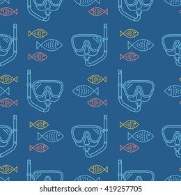 Seamless pattern with diving mask and school of fish.