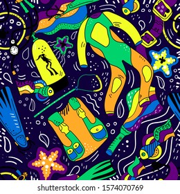 Seamless pattern with Diving stuff in vector illustration. Hand drawn doodle Cartoon stile. Tank, suit, regulator, mask, light, bcd, fish, wetsuit, fins. Paper, textile design.