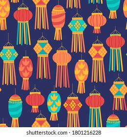 Seamless pattern for Diwali Hindu festival with cute lantern. Childish print for wrapping paper, background and wallpaper. Vector illustration