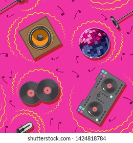 seamless pattern DJ karaoke microphone mixer speaker musical note vinyl disco ball. Eps