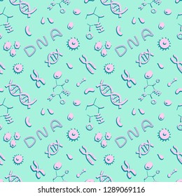 Seamless pattern with DNA colored doodle with PCR components. Fine for medical posters, educational materials, pcr for dummies.