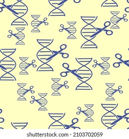 Seamless pattern with DNA and genetic scissors. Randomly spaced items. A simplified depiction of scissors cutting a strand of DNA. Flat design.