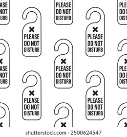 Seamless pattern with Do not disturb sign. Hotel door hanger tags on white background. Texture with messages - please do not disturb. Monochrome design, printable wallpaper template. flat vector