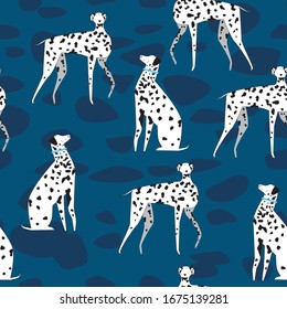 Seamless pattern with doberman or pet on a blue background for design and print. Flat vector stock doodle illustration with spotty dog ​​for printing on baby clothes or fabric.