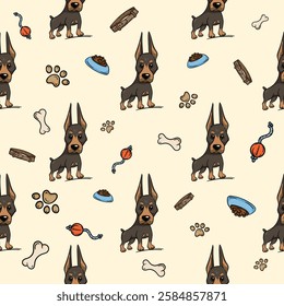 Seamless pattern with Doberman puppy. Vector background with cute dogs and pet accessories. Bright print for wrapping paper, gift decoration, pet store decoration, grooming salon, training center