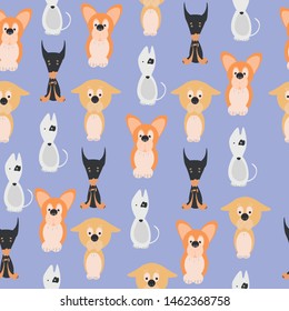 Seamless pattern with doberman, welsh corgi pembroke and bull terrier on purple background.