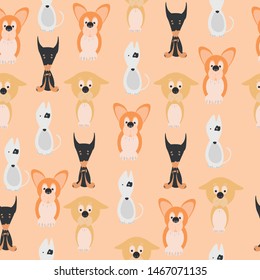Seamless pattern with doberman, welsh corgi pembroke and bull terrier on beige background.