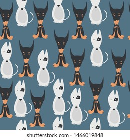 Seamless pattern with dobermans and bull terriers on gray background.