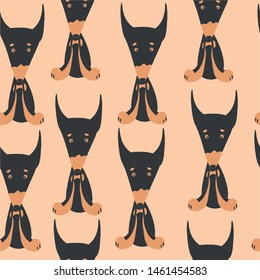 Seamless pattern with dobermans on a beige background. Black with a brown dog.