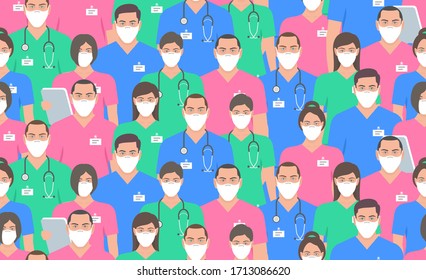 Seamless pattern with Doctors in white medical face mask. Coronavirus pandemic seamless. Health Care and Safety. Coronavirus COVID-19 virus. Flat Style