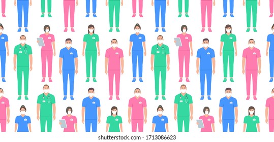 Seamless pattern with Doctors in white medical face mask. Coronavirus pandemic seamless. Health Care and Safety. Coronavirus COVID-19 virus. Flat Style