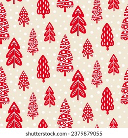 Seamless pattern of doddle Christmas trees and snowflakes on isolated background.. Hand drawn design for Winter, Christmas and New Year celebration, for paper crafts or home decor. 
