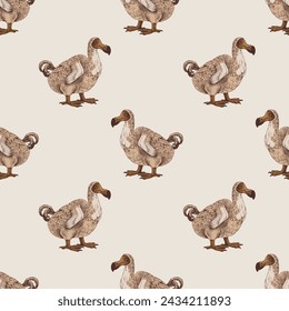 Seamless pattern with dodo extinct birds