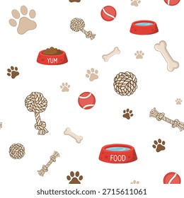 Patrón sin fisuras con accesorios para perros. Cuencos con comida y agua, juguetes de cuerda, bolas, huesos y huellas de pata de Ilustración vectorial sobre fondo blanco.