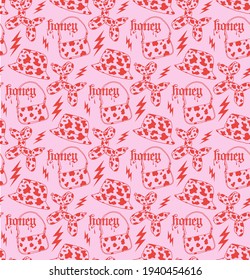 Seamless pattern with dog, bag, flash and hat in pink and red colors