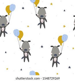 Seamless pattern with dog and balloons. Kids party print. Vector hand drawn illustration.